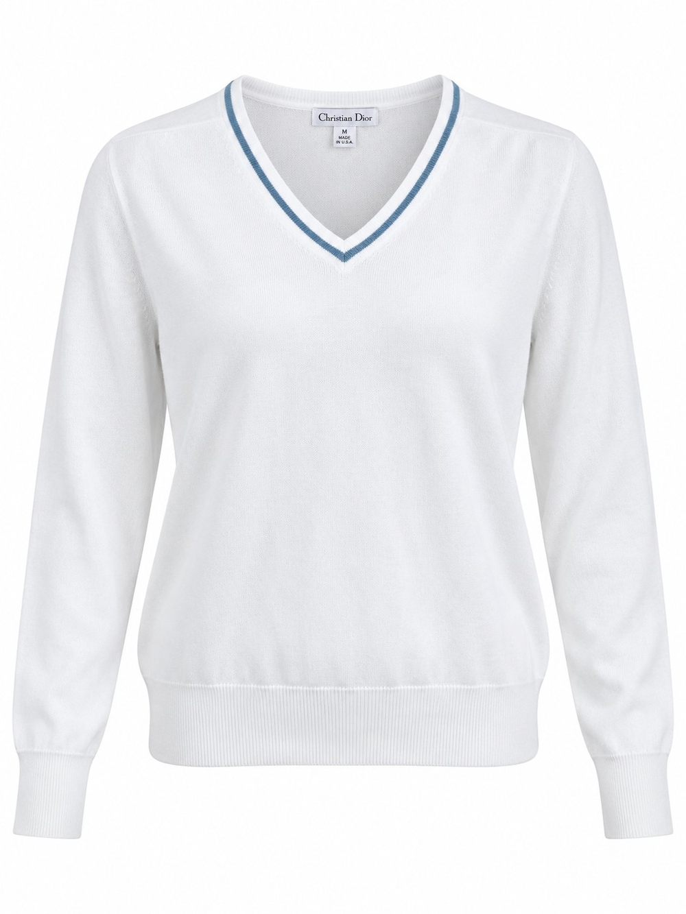CHRISTIAN DIOR | White Mercerized Cotton V-Neck Sweater Blue Trim USA Preppy | M